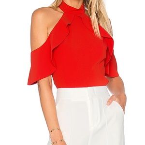 Alice + Olivia Red Shoulder Cut Out Ruffle Top